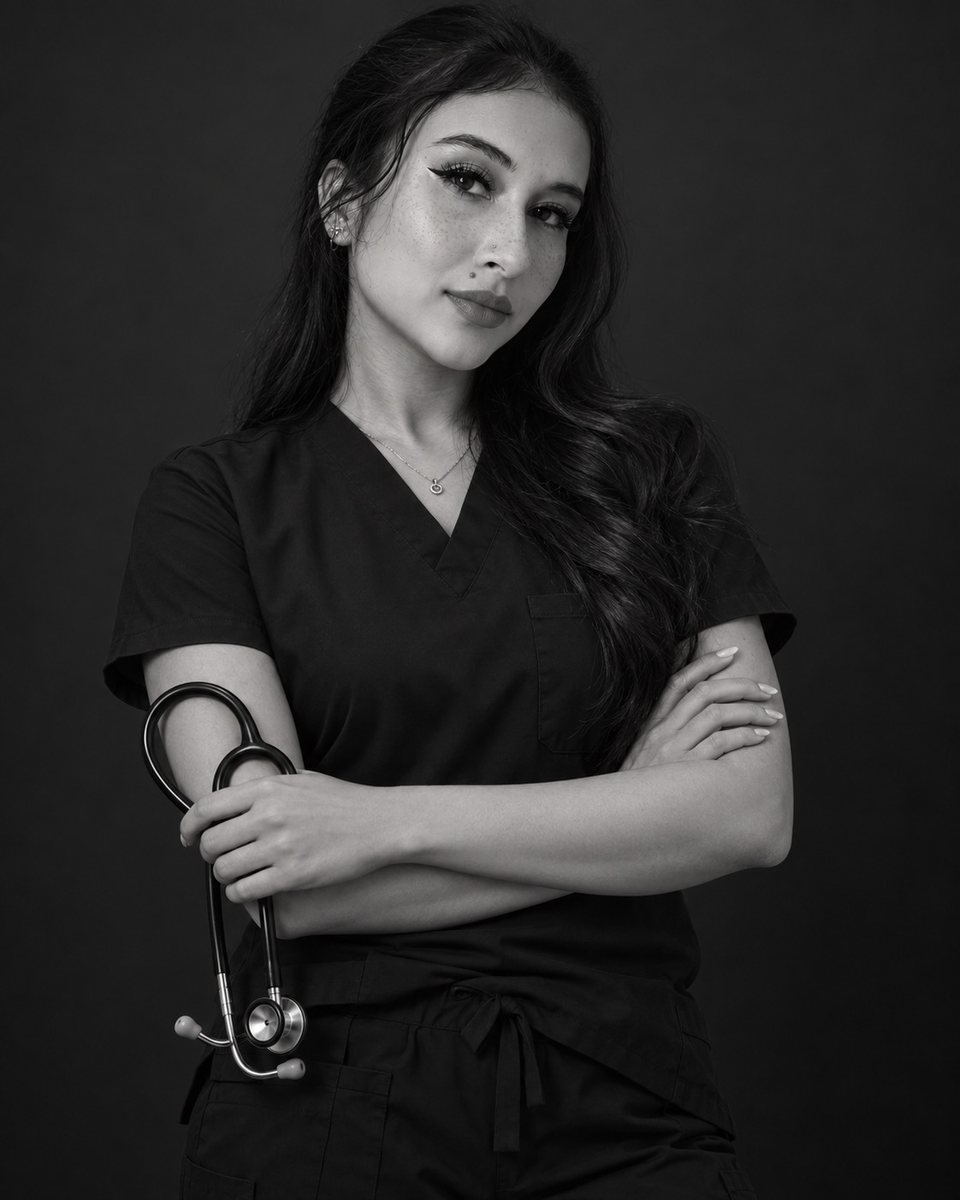 Retrato em preto e branco de Evelyn Rodrigues da Costa segurando um estetoscópio
